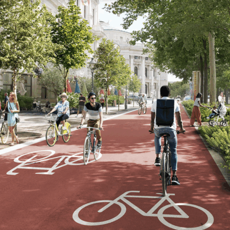 Visualisierung: So könnte eine menschengerechte Lösung am Wiener Innenstadtring aussehen. Bäume, breite Radspur mit roter Fahrbahn